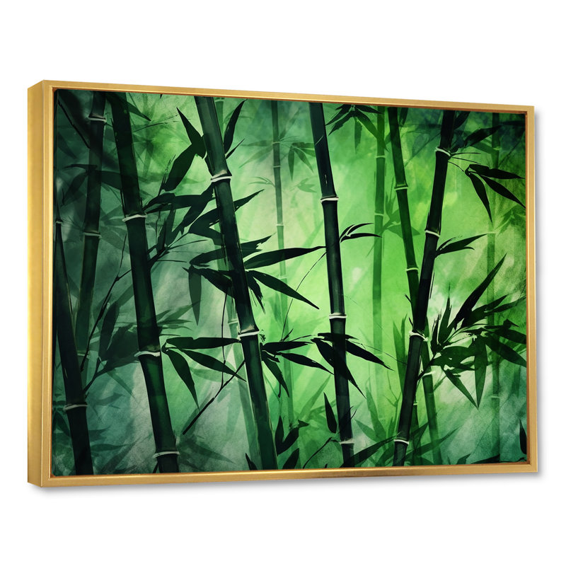 Bambou vert foncé et clair sur toile, H 16 po x l 32 po x P 1 po, Cadre flottant doré