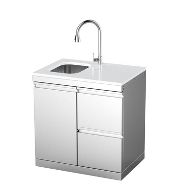Îlot de cuisine d'extérieur en acier inoxydable avec tiroirs et évier intégré, comptoir en quartz blanc SERA