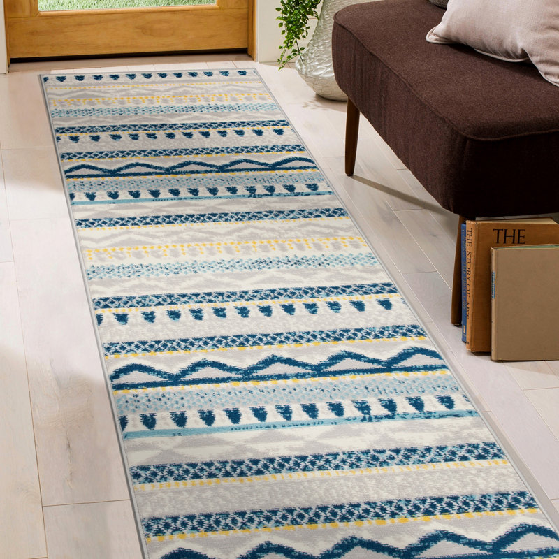 Ezzelino Geometric Blue/Beige/Yellow Area Rug, Runner 2' x 7'