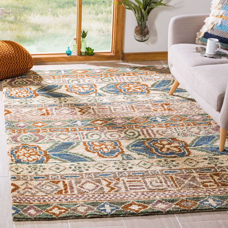 Tapis bleu / brun noué à la main Ferrera, Rectangle de 5 pi x 8 pi