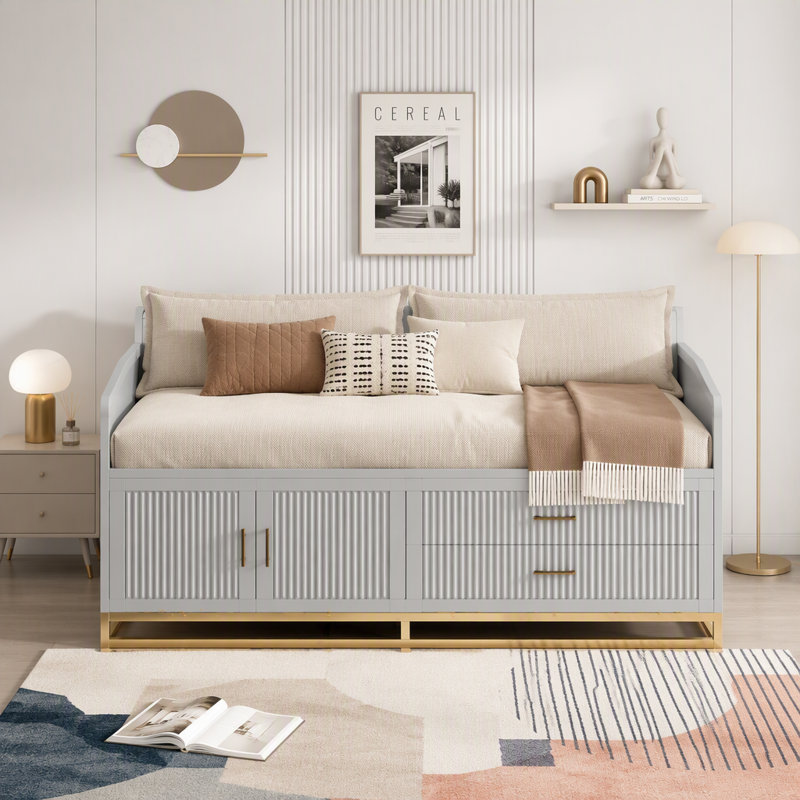 Lit escamotable avec portes en bois et tablettes intégrées, Grey