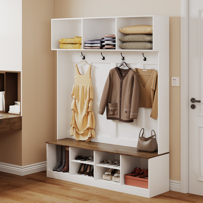 Hall Tree With Bench And Shoe Storage, White