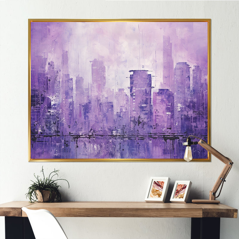 «Violet Cityscape High Rise Skycraper I», reproduction sur toile, Cadre flottant doré, H 30 po x l 40 po x P 1,5 po