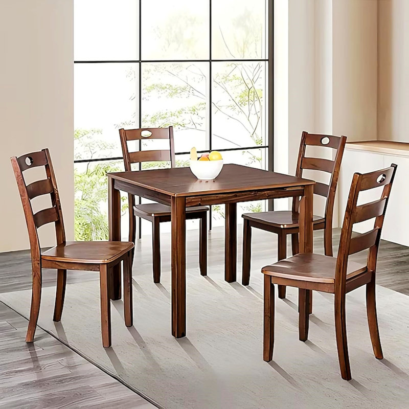 Five-piece Dining Table Set with Square Table and Slat Back Chairs, 4 Chairs with 1 Table for Dining Room, Walnut, Walnut
