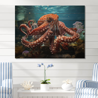 The Graceful Octopus - Octopus Wood Wall Art On Natural Pine Wood