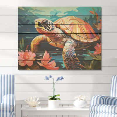 Pop Art Curious Turtle Aquatic I - Tortue sur bois