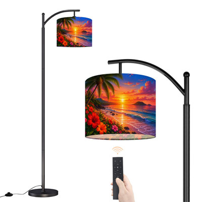 Lampe sur pied à arc avec abat-jour réglable Tropical Sunset Beach Vibrant Flowers Palm Tree Lampadaire