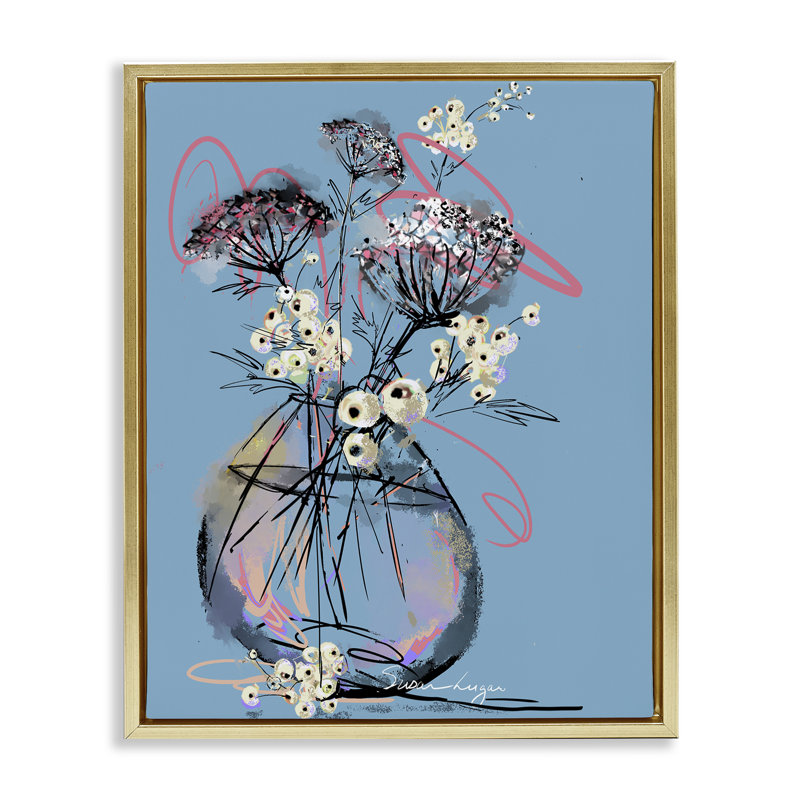 Cadre flottant abstrait dans un vase Snowberries, design par Susan Lugar, H 21 po x l 17 po, Cadre flottant métallique doré