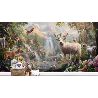 Papier peint animaux de la forêt fantastique - Cerf, oiseaux et cascades dans une scène de nature magique, décoration murale pour chambre d'enfant, chambre de bébé ou décoration murale sur le thème de la faune (non tissé) VN293