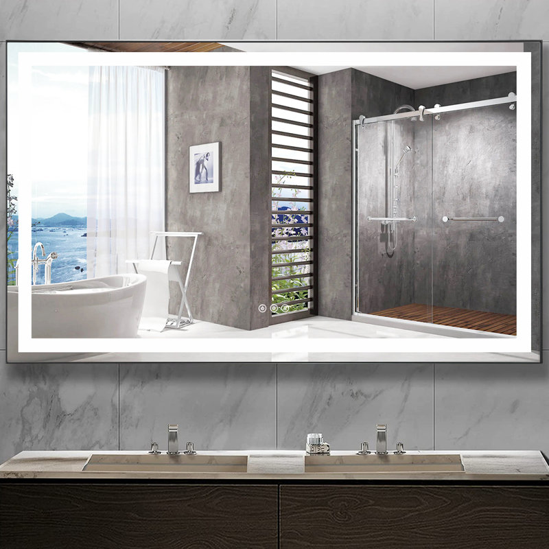 Eleen Rectangular Gold Frame Modern High Lumen Lighted LED Mirror Anti-Fog Wall Mounted Bathroom Vanity Mirror with Lights Large Dimmable Makeup Mirror Home Decor Mirror(Horizontal/Vertical)