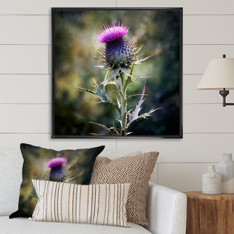 Mauve, vert, chardon, chuchotement, plante, V, H 24 po x l 24 po x P 1 po, Cadre flottant noir