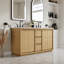Meuble-lavabo sur pied l 60 po x H 35 po avec structure en bois de chêne, plateau en quartz blanc Carrera, lavabo double, entièrement assemblé-242587331