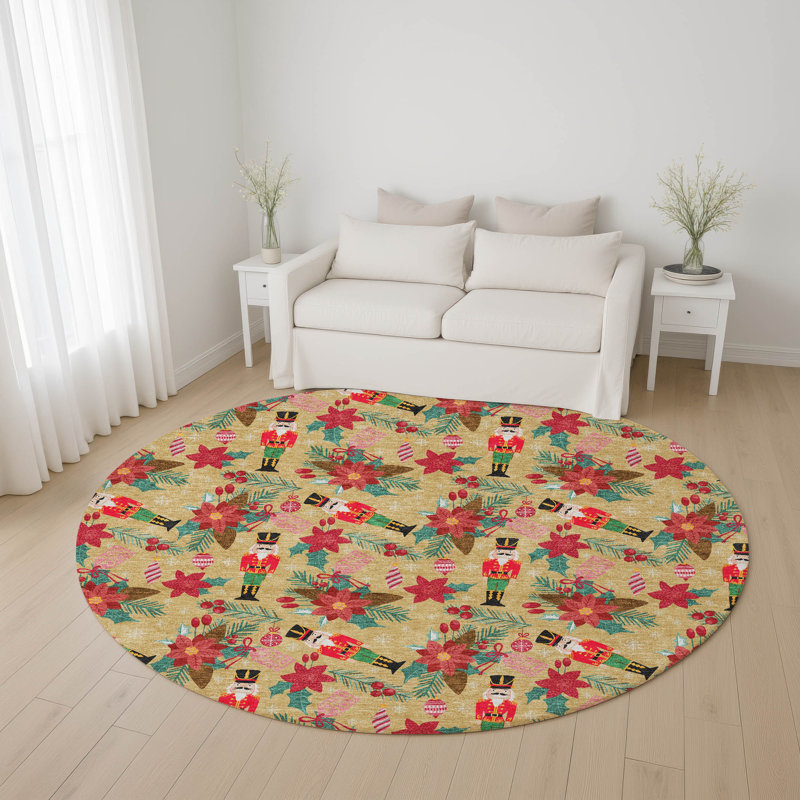 Tapis casse-noisette et poinsettia Premium lavable à la machine AMF1822, Rond 8 pi
