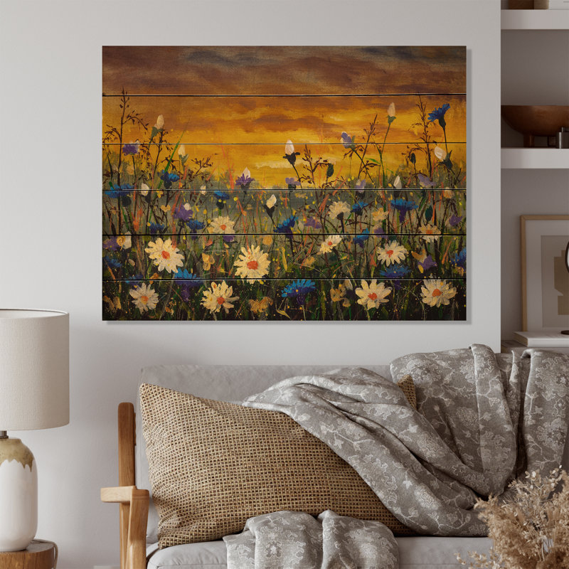 Peinture de marguerites blanches sur coucher de soleil - Décoration murale traditionnelle en bois - Bois de pin naturel