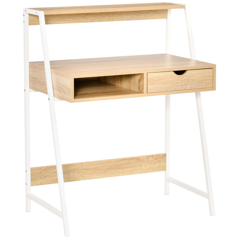 Bureau d'ordinateur compact, en bois naturel, avec tiroir et tablettes de rangement. Structure de qualité, table d'écriture, tiroir, design stable.