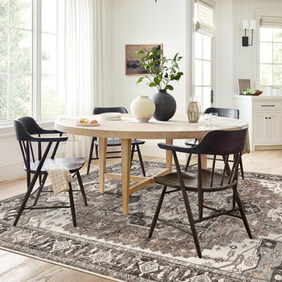 Washable Living Room Area Rug - 9x12 Large Bedroom Rug Distressed Oriental Non-Slip Non-Shedding Print Floor Carpet for Dining Room Kitchen Beige, 9 x 12