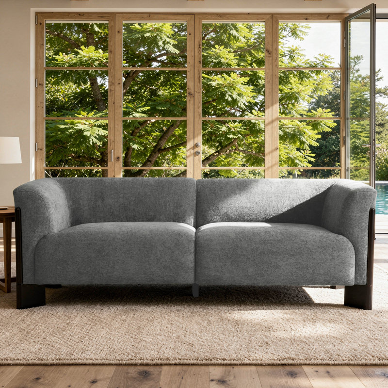 Upholstered Chenille 2-Seater Modern Curved Arm Design Sofa With Solid Wood Legs, Olive Green