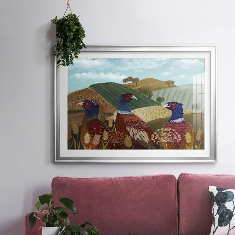 Trio de faisans dans un champ, impression sur papier, H 19 po x l 27 po x P 1,5 po, Argent