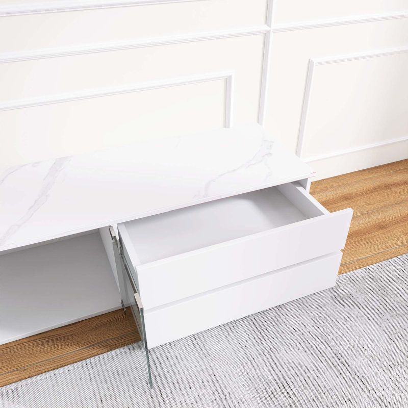 White Wood Modern APP Controlled LED TV Stand For Tvs Up To 105'' With 2 Drawers & Cabinets, White