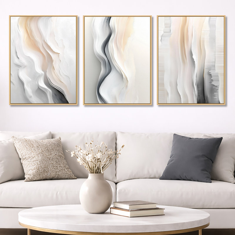 «White and Gray Winter Horizon», ensemble de 3 reproductions sur toile abstraites encadrées, H 32 po x l 72 po