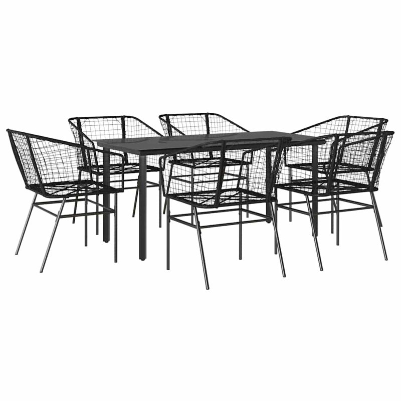  7 Piece Patio Dining Set Black Poly Rattan Glass, Black