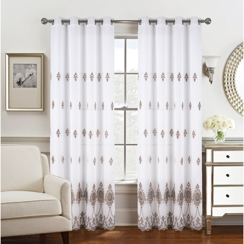 Panneau de rideau transparent à motif floral double en polyester brodé Mkenzi, l 52 po x L 96 po, Café