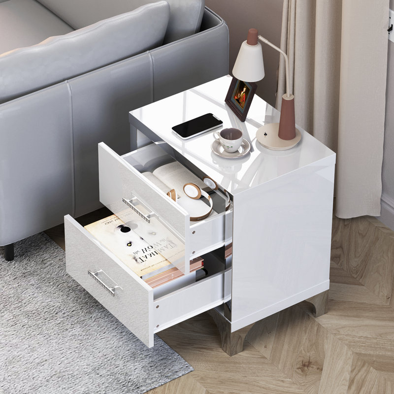 Table de chevet moderne à miroir haute brillance blanche avec 2 tiroirs et poignées en métal - Table de bout élégante pour chambre à coucher et salon | Idée de cadeau