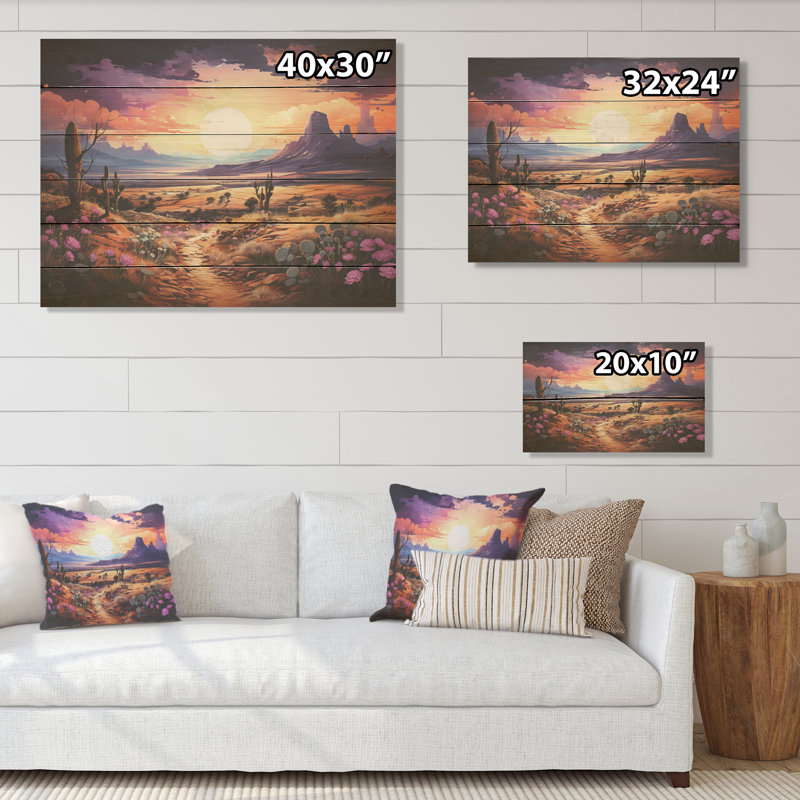 Violet Vista Cactus - Cactus Wood Wall Art On Natural Pine Wood, 30" H x 40" W