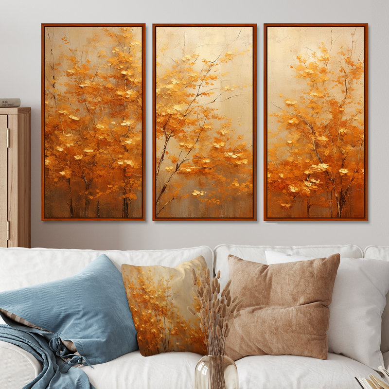 «Golden Autumn Forest Harmony I», ensemble d'art mural sur toile, H 28 po x l 36 po x P 1 po, Cadre flottant brun