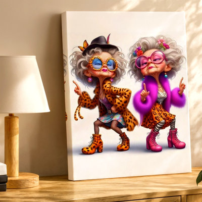 Funny Fashion Grandma Chic Elderly Ladies Leopard Pink Canvas Wall Art Print, Pink Funny Poster Artwork For Living Room Decor, Gallery Wall Accent, Modern Home Decor, Statement Wall Decor
