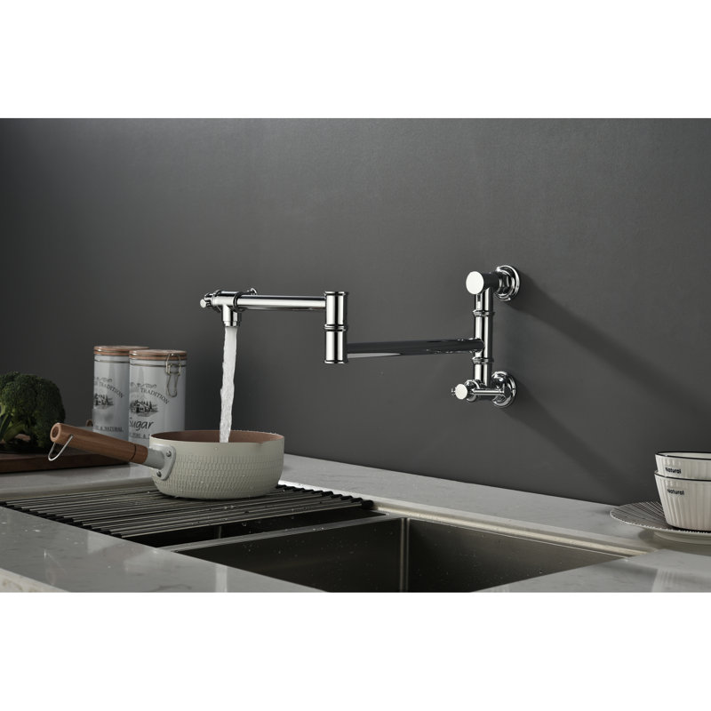 Wall Mount Pot Filler Faucet - Brass, Foldable Swing Arm, Controlled Water Discharge, Corrosion Coating For Mounted Double Handles, Quiet Supply, Fingerprint-