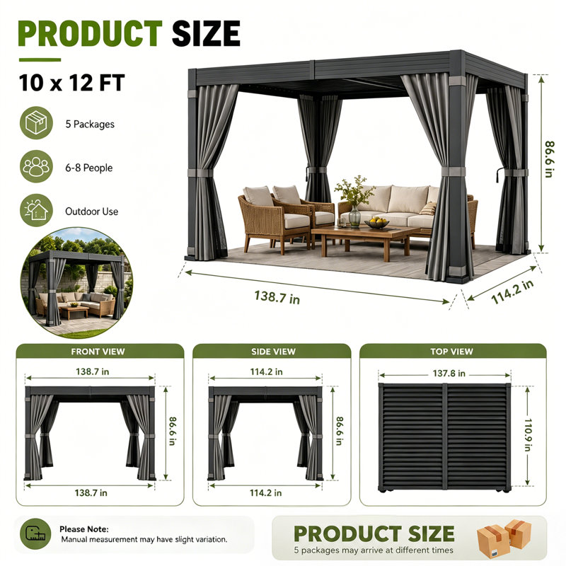 Pergola extérieure 10 'x 12' avec toit à persiennes réglable et drainage intégré