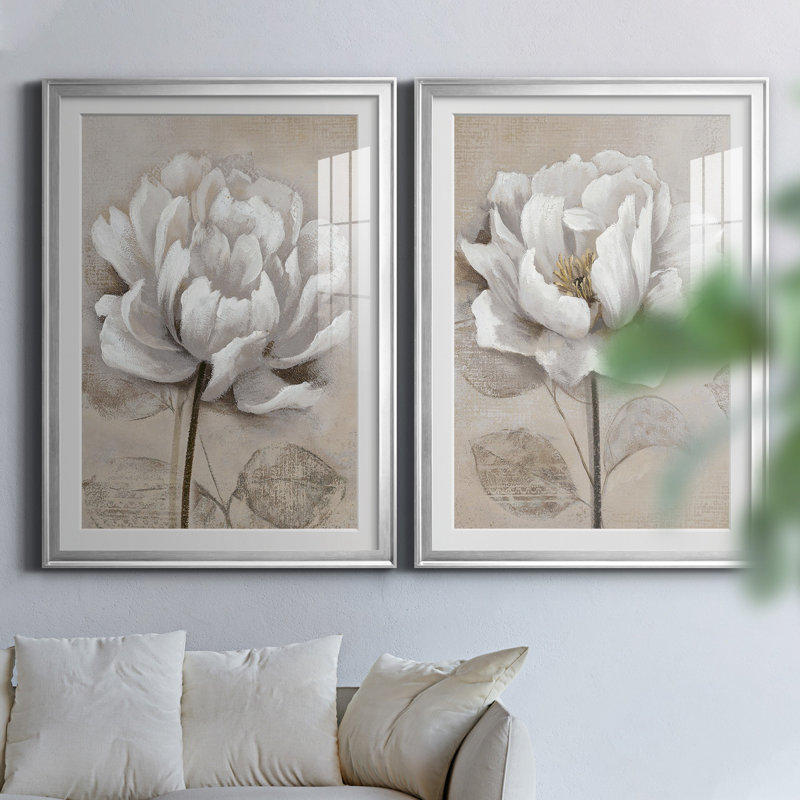"Soft White I", ensemble de 2 reproductions d'art, H 30,5 po x l 85 po, Impression encadrée avec passe-partout, Argent argent
