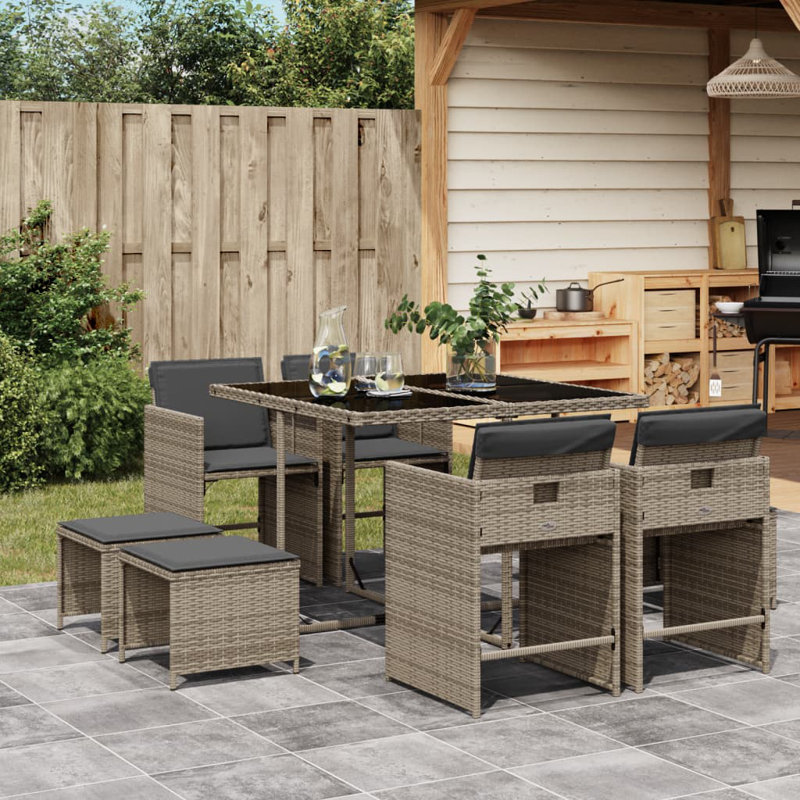Ensemble repas de patio 9 pièces avec coussins Hokku Designs, Grey/Grey, Tempered Glass