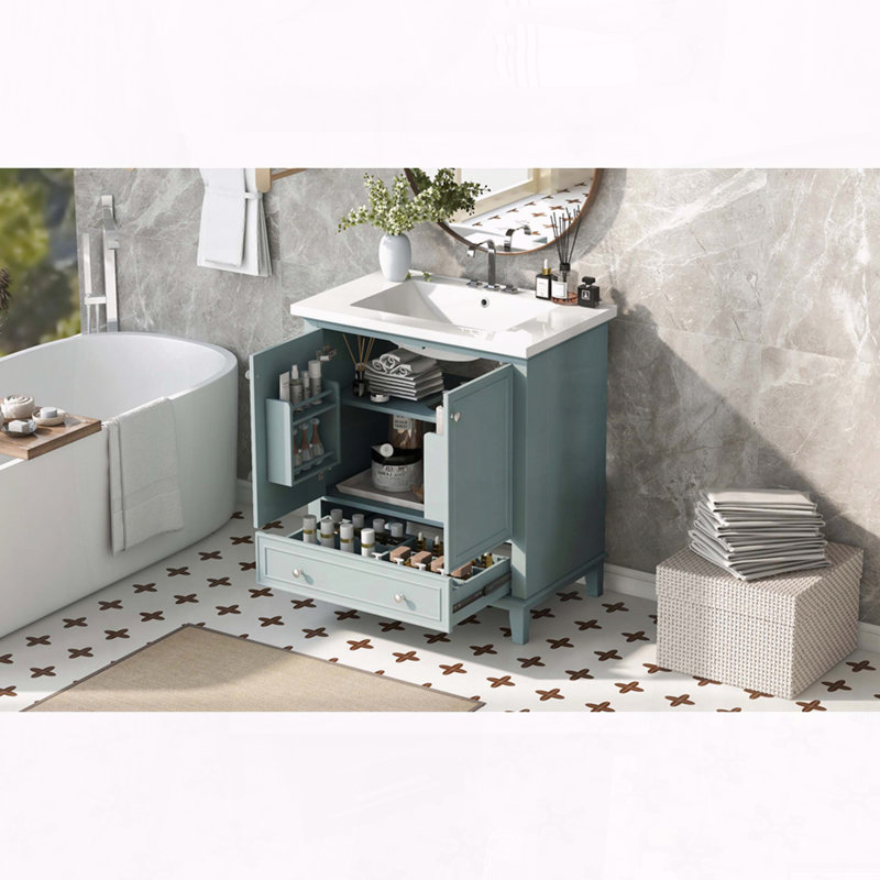 Meuble-lavabo en bois massif de 30 po avec lavabo, armoire avec porte, séparateur de tiroir et tablette réglable, Green