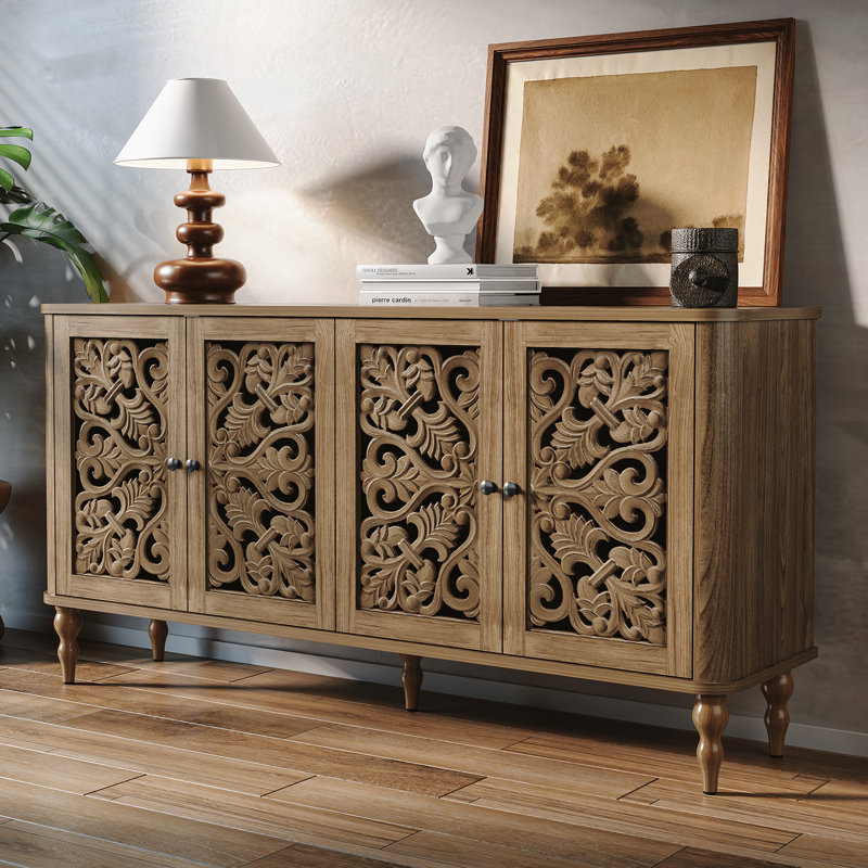 63" Wide Vintage Sideboard Cabinet with Adjustable Shelves and Roman Column Legs,Brown, Brown