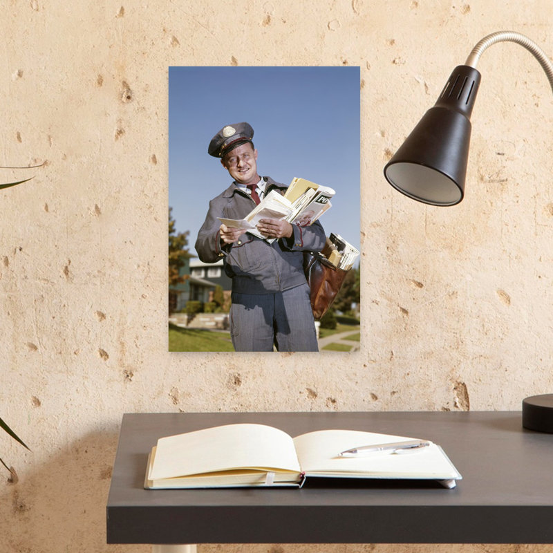 «1960S», souriant, courrier, lettres de Hodling, sac de courrier, rétro, rétro, art mural, 18" H x 12" W