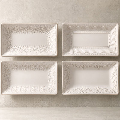 9.85 Inch 25oz Rectangular Plates, Set of 4, Distinct Reactive Glaze, Deep Embossed Ceramic Serving Dishes, Microwave Safe, Ideal for Pasta, Salad, Sushi & Desserts, Wedding Registry & Holiday Gift (Multiple Patterns)