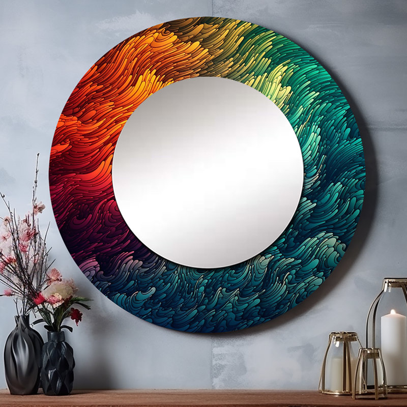 Raheesh Exploring The Depths Of Orange Marble I - Geometric Unique Mirror, Modern Large Round Wall Mirror, Printed Metal Art