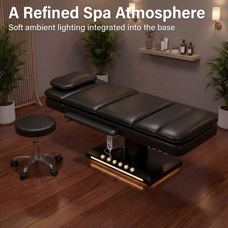 3-Motor Electric Massage Table with Stool, Remote & Foot Control, Adjustable Height, Backrest & Leg Rest, Dual-Layer Cushion, LED Buttons