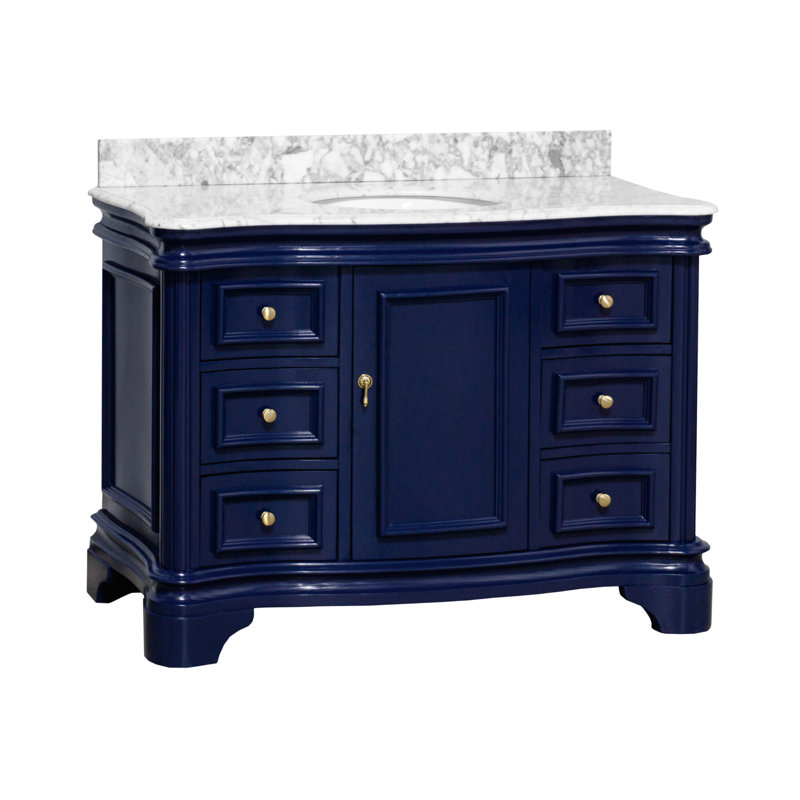 Ensemble de meuble-lavabo simple 48 po avec armoire bleu royal et comptoir en marbre de Carrare Twain, Marbre de Carrare