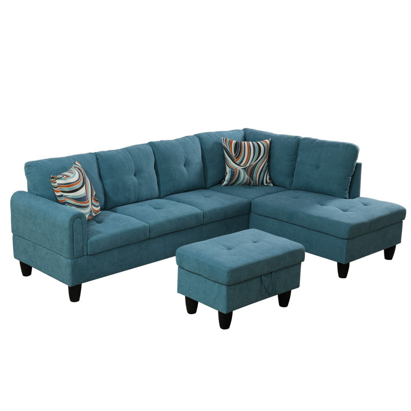 Tatman Upholstered L-Shaped Sectional, Sea Green Flannelette, Right Hand Facing