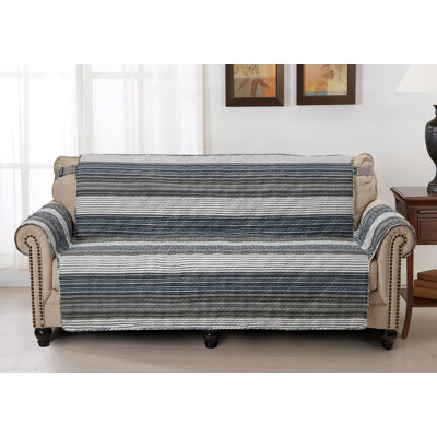 Multi Grey Stripes Patchwork Couch Cover, Quilted Large Sofa Slipcover, 70" Seat Width, Slip Resistant Furniture Protector, 2" Strap, Washable, Multi Grey