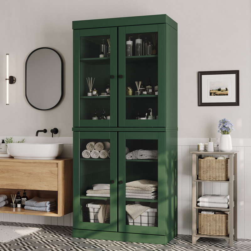 32" 100% Solid Wood Freestanding Bathroom Cabinet with Clear Glass Doors & Adjustable Shelves – Modern Bathroom Storage
