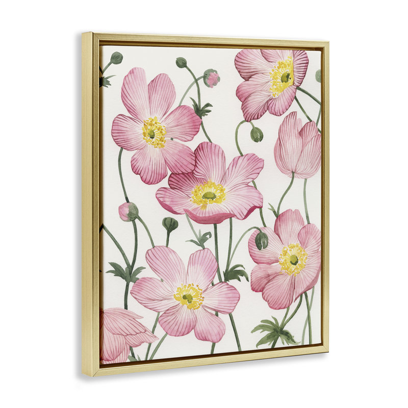 Toile flottante avec anémones roses douces, conception de Grace Popp, H 21 po x l 17 po, Cadre flottant métallique doré