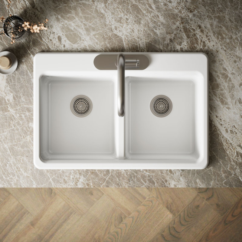 Riverby 33 In. Top-Mount Double-Bowl Kitchen Sink, White, 3 hole, Double-equal bowls