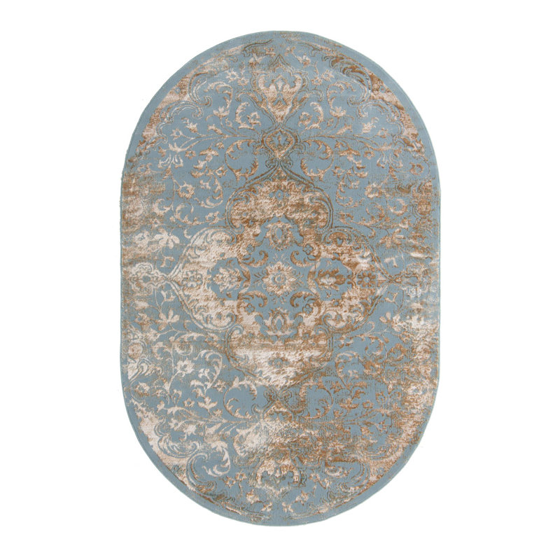 Tapis bleu sarcelle / beige Alamo, Ovale 5 pi 3 po x 8 pi