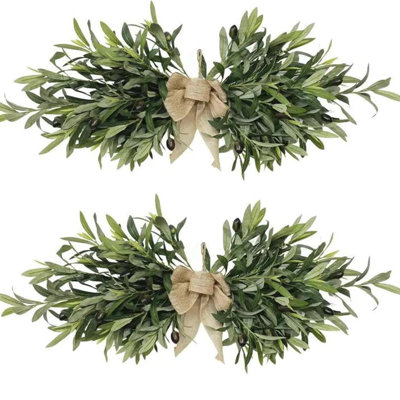2Pack Faux Olive Branch Swag with Natural Burlap Accent，for Home Door, Wall Table, Wedding, Party, Holiday, Seasonal Display,Set of 2