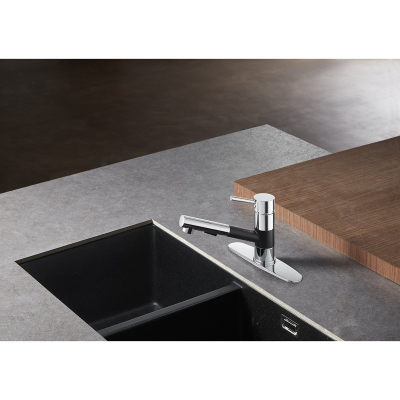 Kingston Brass Concord Single-Handle 1-Hole Deck Mount Pull-Out Sprayer Kitchen Faucet, Matte Black/Polished Chrome