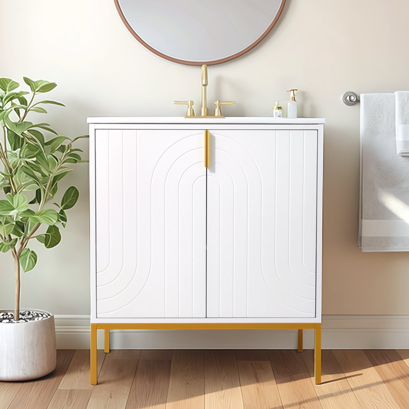 30" White Modern Free-Standing Single Bathroom Vanity With Ceramic Top